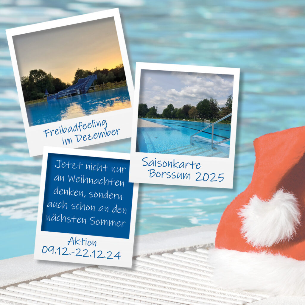 Weihnachtsmann Mütze am Beckenrand von einem Pool mit kleinen Bildern aus dem Freibad.