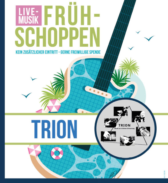 Grafik zur Ankündigung einer Veranstaltung.Schwimmbecken in Form einer Gitarre. Auf blauem Hintergrund steht der Text mit Infos zur Veranstaltung.