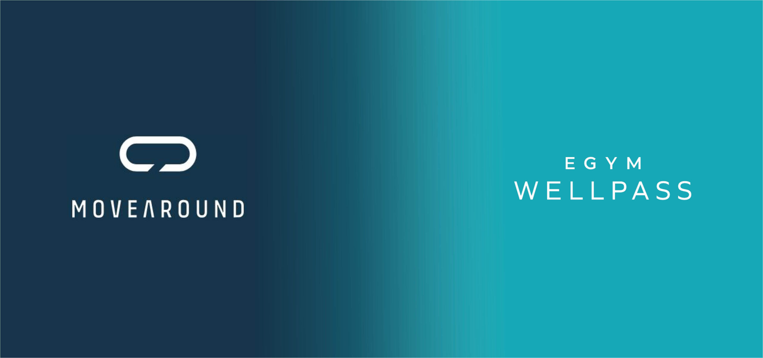 Movearound Logo und EGYM Wellpass Logo. Farbverlauf von dunkelblauem Hintergrund in türkisen Hintergrund.