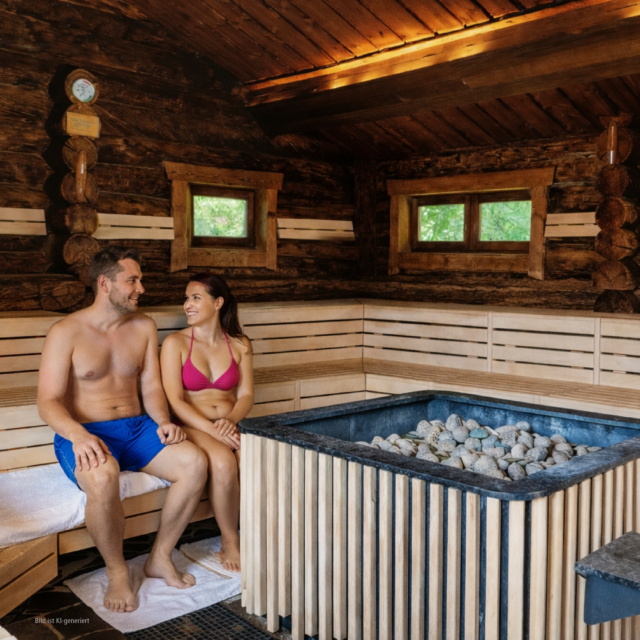 Eine Frau und ein Mann sitzen in der Eventsauna auf einer Bank. Die Frau trägt einen Bikini, der Mann trägt eine Badehose. Das Bild ist KI-generiert.