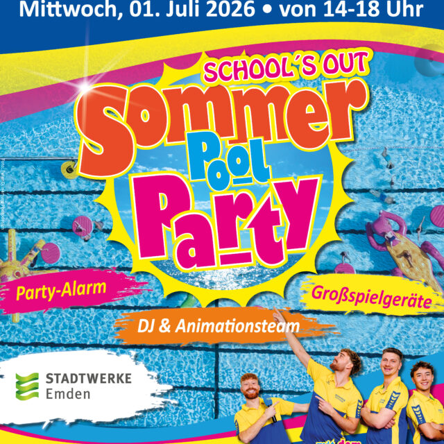 Grafik zur Ankündigung einer Sommer Pool Party. Im Hintergrund Wasser, im Vordergrund Sonnenschirm und Schwimmreifen sowie ein Team mit 4 Personen von Zephyrus Discoteam.