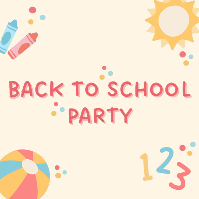 heller Hintergrund mit dem Text "Back to school Party" und Symbolen, die zu Freibad und Schule passen.